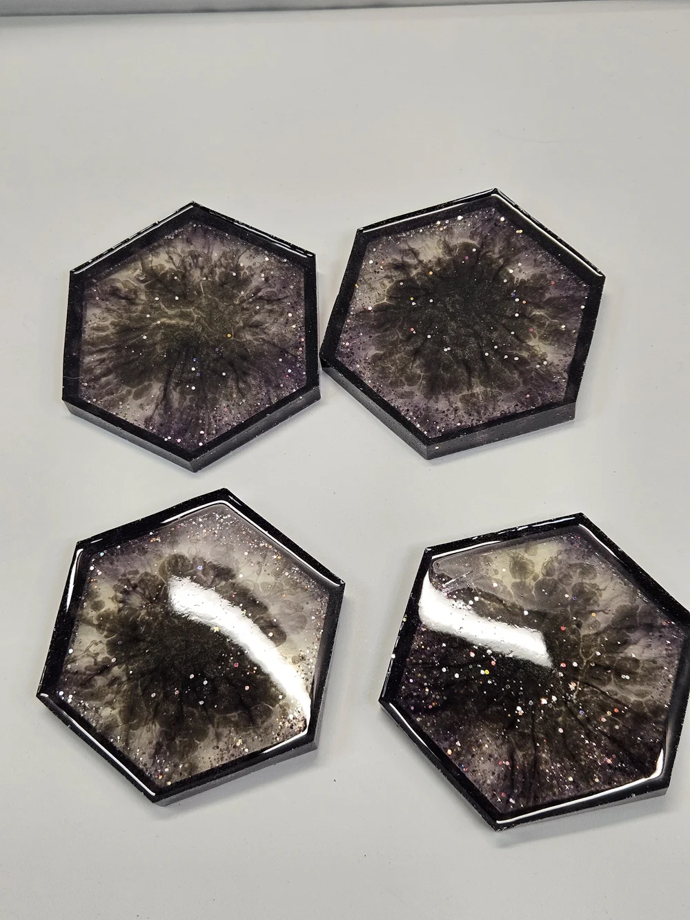 Handmade Resin Geode Coasters Hexagon Set of 4 Black Silver Glitter Gold Flakes